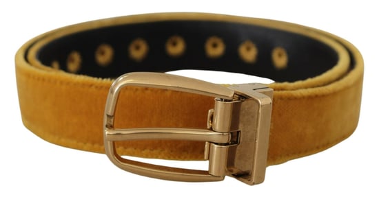 Cinturón de Hebilla de Metal Grabada con Logo Dorado de Terciopelo Mostaza de Dolce & Gabbana - Image 1