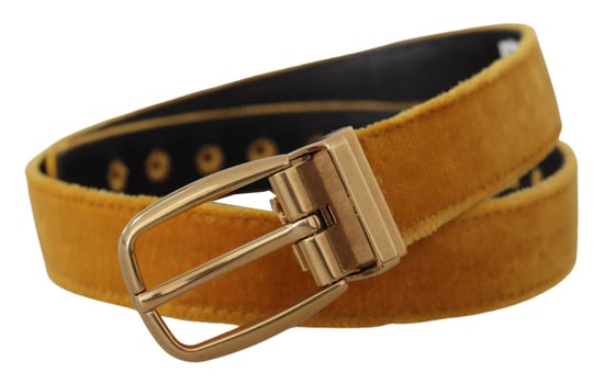 Cinturón de Hebilla de Metal Grabada con Logo Dorado de Terciopelo Mostaza de Dolce & Gabbana - Image 2