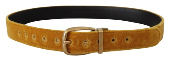 Cinturón de Hebilla de Metal Grabada con Logo Dorado de Terciopelo Mostaza de Dolce & Gabbana - Image 3