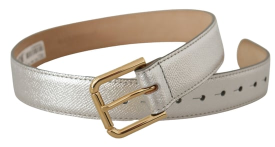 Cinturón de Cuero Plateado con Hebilla Metálica de Logo en Tono Dorado de Dolce & Gabbana - Image 2