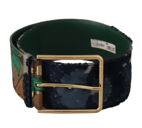 Cinturón de Cuero Bordado Jacquard Verde Dolce & Gabbana con Metal Dorado - Image 1