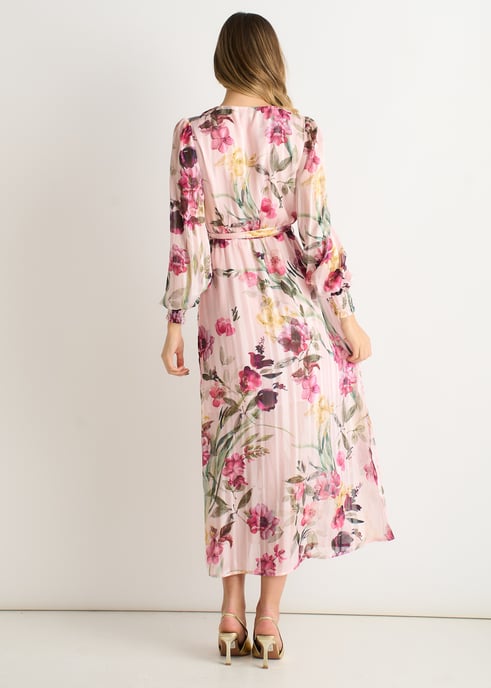 Vestido midi cruzado de gasa brillante con estampado floral rosa - Image 4