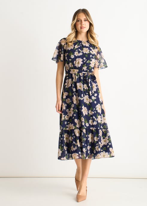 Vestido midi ajustado y acampanado con estampado floral azul marino - Image 1