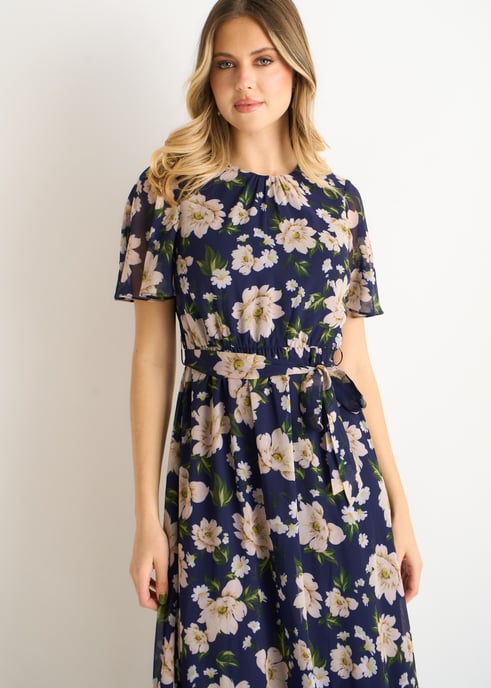 Vestido midi ajustado y acampanado con estampado floral azul marino - Image 2