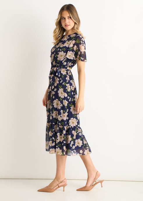 Vestido midi ajustado y acampanado con estampado floral azul marino - Image 3