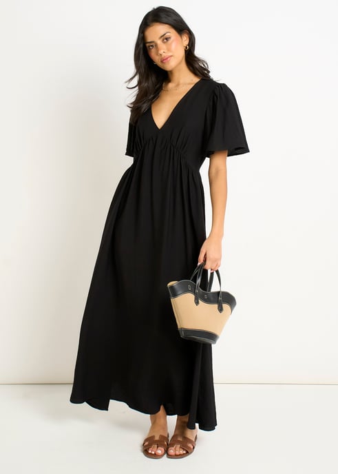 Vestido largo skater negro con cuello en V y mangas acampanadas - Image 3