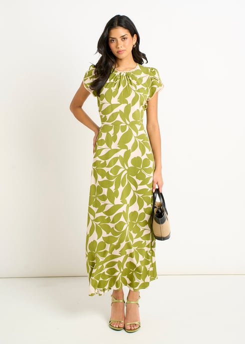 Vestido largo con cintura elástica y mangas de pétalos verdes - Image 1