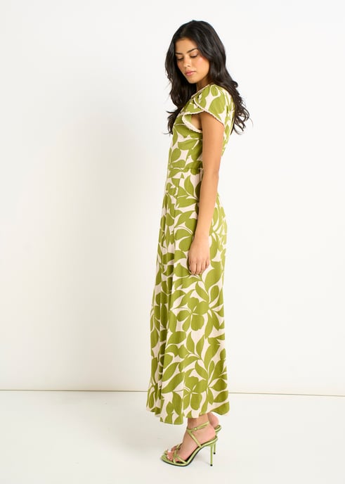 Vestido largo con cintura elástica y mangas de pétalos verdes - Image 3