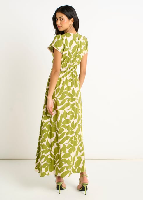 Vestido largo con cintura elástica y mangas de pétalos verdes - Image 4