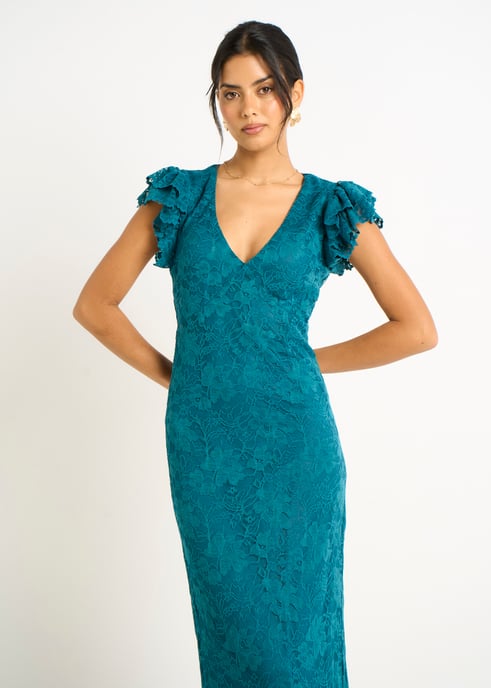 Vestido largo con cuello en V, volantes y encaje de jersey verde azulado - Image 2