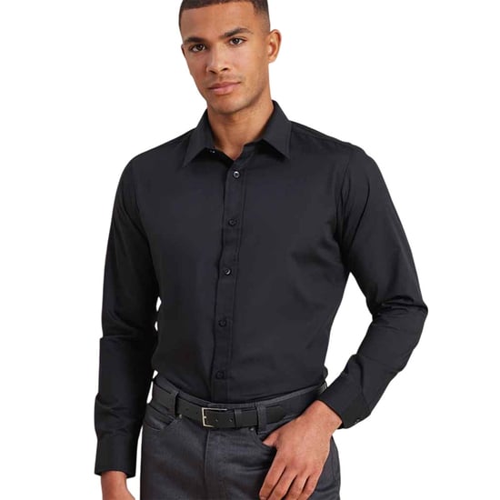 Premier Mens Poplin Fitted Long-Sleeved Shirt (Black) - Image 2