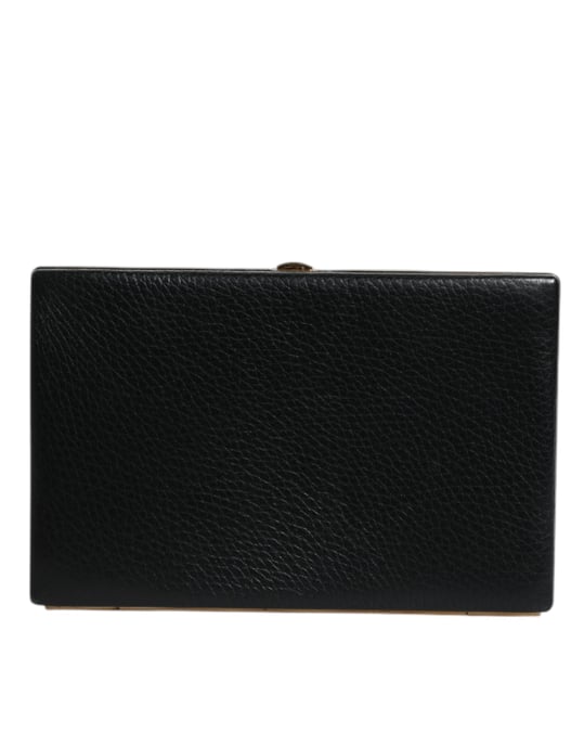 Black Leather Gold Frame Clutch Evening Party Purse Bag - Image 1