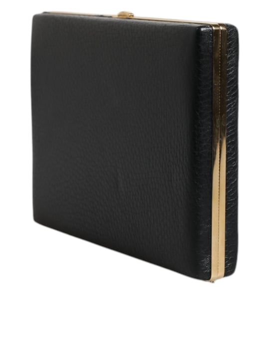 Black Leather Gold Frame Clutch Evening Party Purse Bag - Image 2