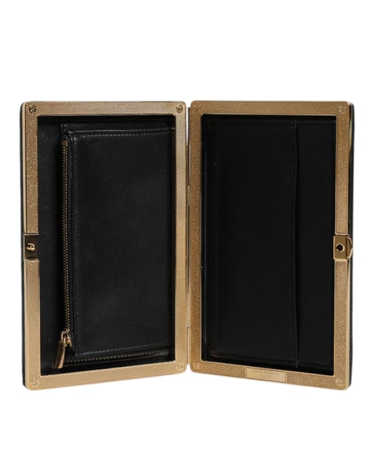 Black Leather Gold Frame Clutch Evening Party Purse Bag - Image 5