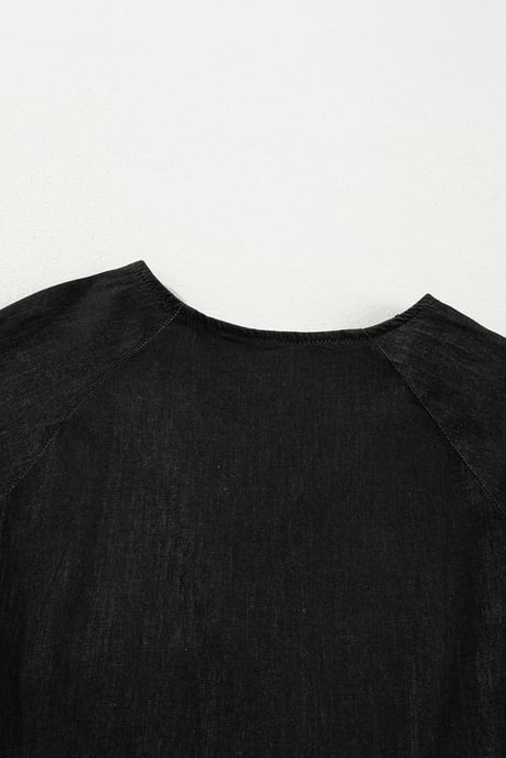 Vestido Mini de Chambray con Volantes en Capas y Manga Abullonada Negro - Image 5