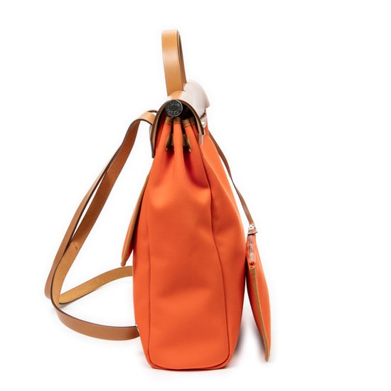 Hermès Herbag A Dos PM en Naranja/Marrón Lienzo - Image 4