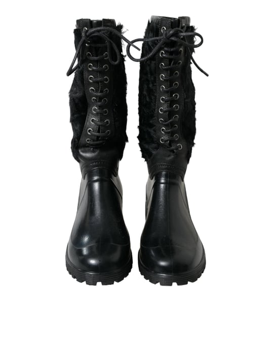 Botas de lluvia de shearling con cordones de goma negra Dolce & Gabbana - Image 2