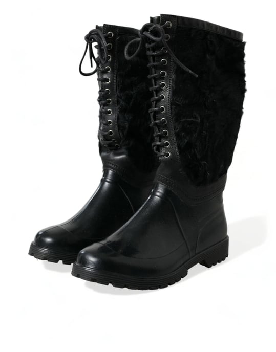 Botas de lluvia de shearling con cordones de goma negra Dolce & Gabbana - Image 3