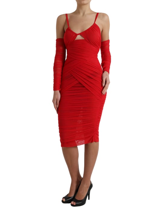 Vestido Midi de Malla Fruncida Rojo de Manga Larga - Image 2