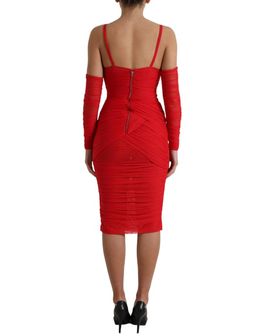 Vestido Midi de Malla Fruncida Rojo de Manga Larga - Image 3