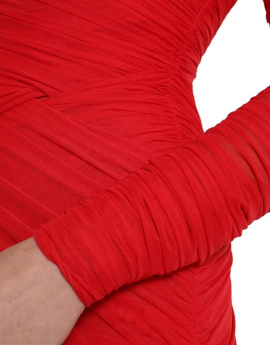 Vestido Midi de Malla Fruncida Rojo de Manga Larga - Image 5