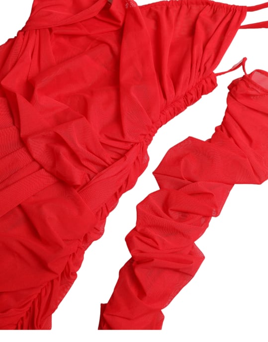 Vestido Midi de Malla Fruncida Rojo de Manga Larga - Image 6