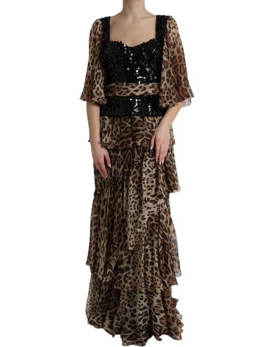 Vestido largo tipo maxi con estampado de leopardo y lentejuelas en capas - Image 1
