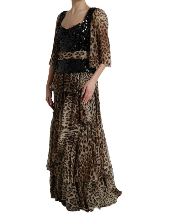 Vestido largo tipo maxi con estampado de leopardo y lentejuelas en capas - Image 2