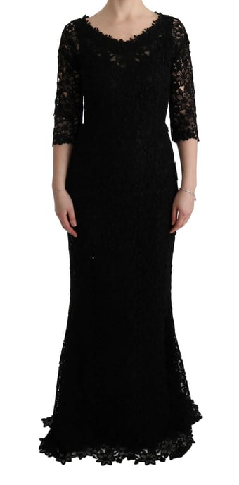 Vestido Largo de Encaje Ajustado con Cuello Redondo - Image 1