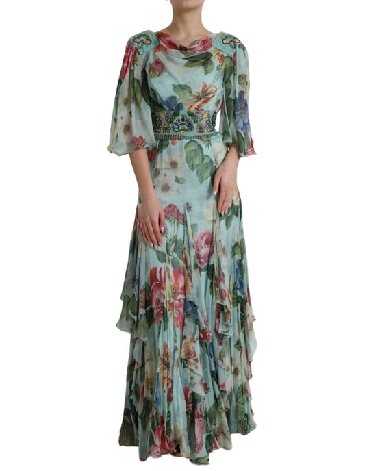 Vestido Largo de Chifón de Seda con Estampado Floral - Image 1