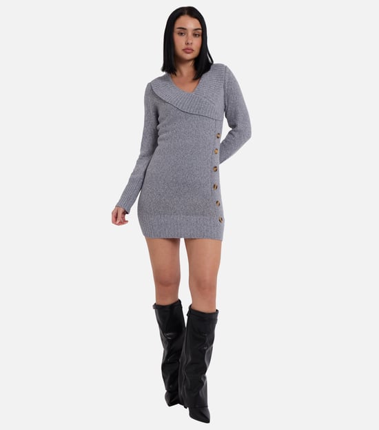 Vestido mini de punto gris con detalle de botones - Image 1