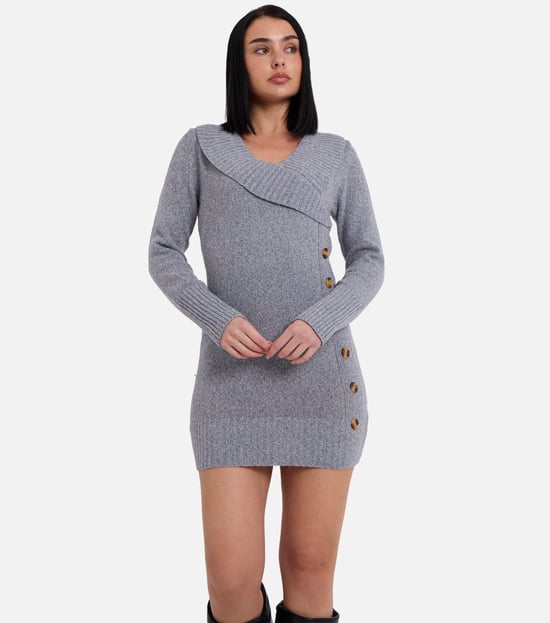 Vestido mini de punto gris con detalle de botones - Image 2