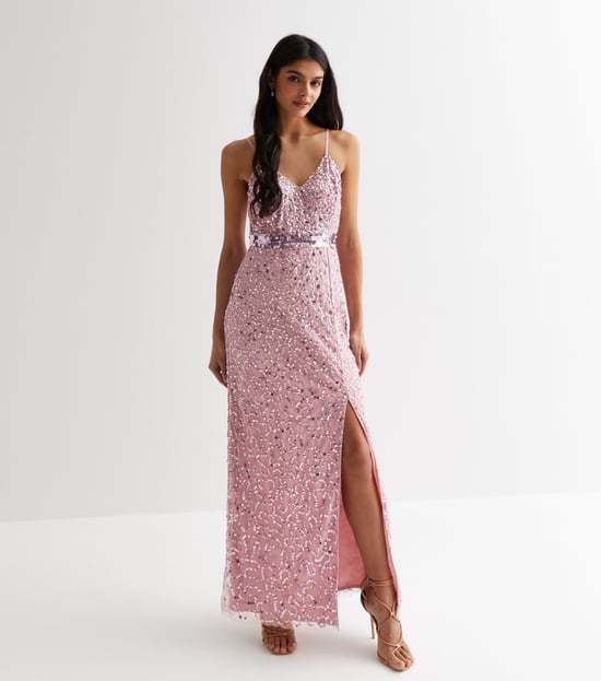 Vestido largo con tirantes y adornos en color rosa palo - Image 1