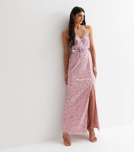 Vestido largo con tirantes y adornos en color rosa palo - Image 3