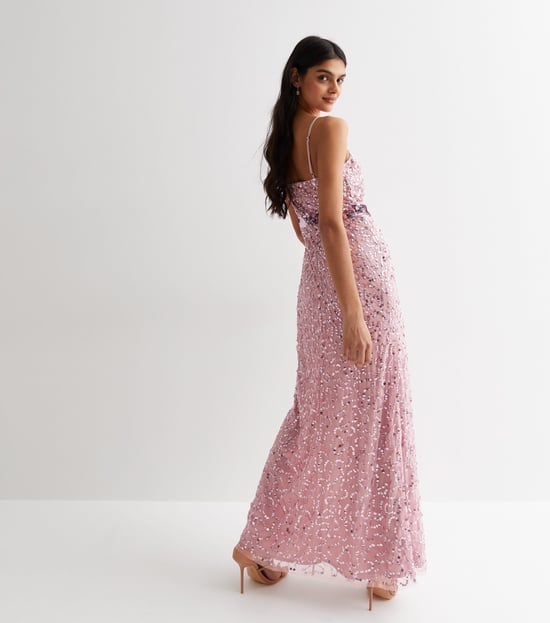 Vestido largo con tirantes y adornos en color rosa palo - Image 4