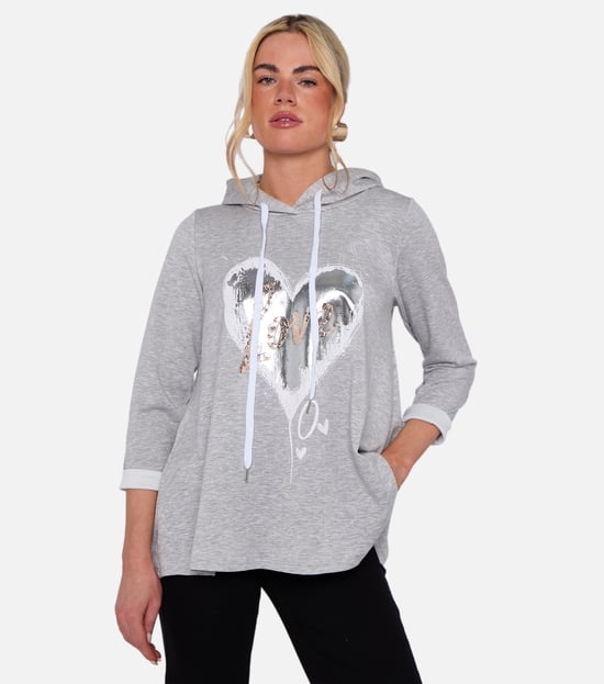 Top largo oversize con capucha y estampado Grey Heart - Image 2