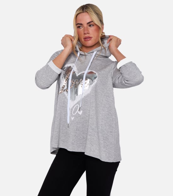 Top largo oversize con capucha y estampado Grey Heart - Image 3