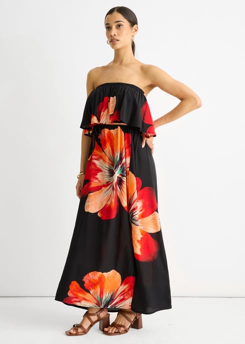 Vestido midi negro de viscosa con volantes y abertura estilo Bardot - Image 3