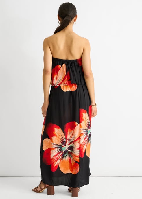 Vestido midi negro de viscosa con volantes y abertura estilo Bardot - Image 4