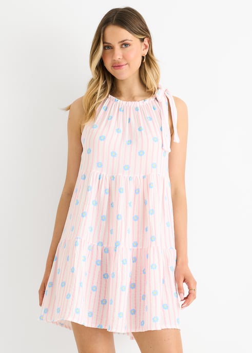 Mini vestido de verano de algodón con rayas florales rosas y lazo - Image 2
