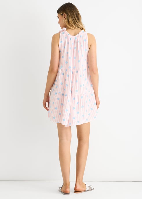Mini vestido de verano de algodón con rayas florales rosas y lazo - Image 4