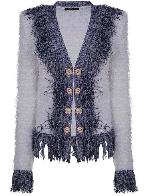 Chaqueta de tweed con flecos y brillo sin cuello - Image 1