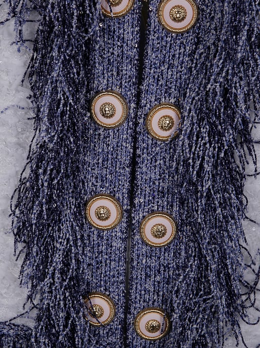 Chaqueta de tweed con flecos y brillo sin cuello - Image 3