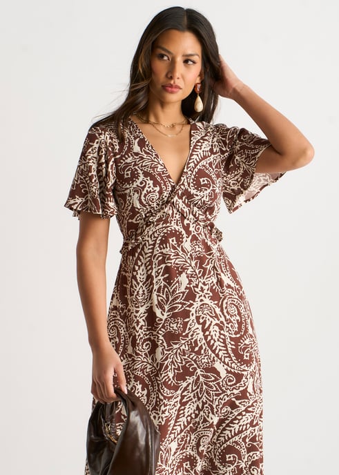 Vestido midi con volantes y estampado de cachemira en color chocolate - Image 2