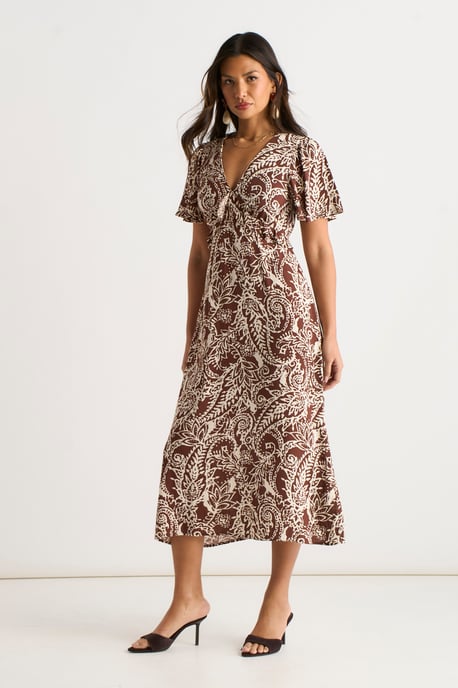 Vestido midi con volantes y estampado de cachemira en color chocolate - Image 3