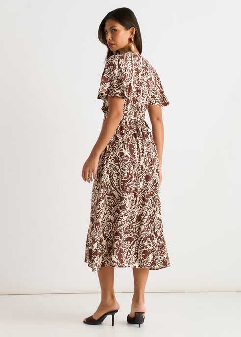 Vestido midi con volantes y estampado de cachemira en color chocolate - Image 4
