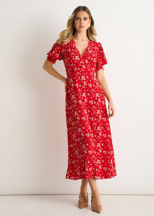 Vestido midi con ribete de encaje de viscosa rojo - Image 1