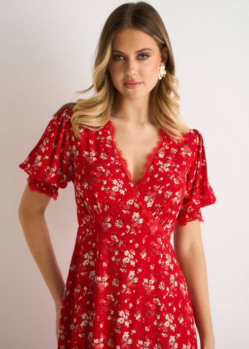 Vestido midi con ribete de encaje de viscosa rojo - Image 2