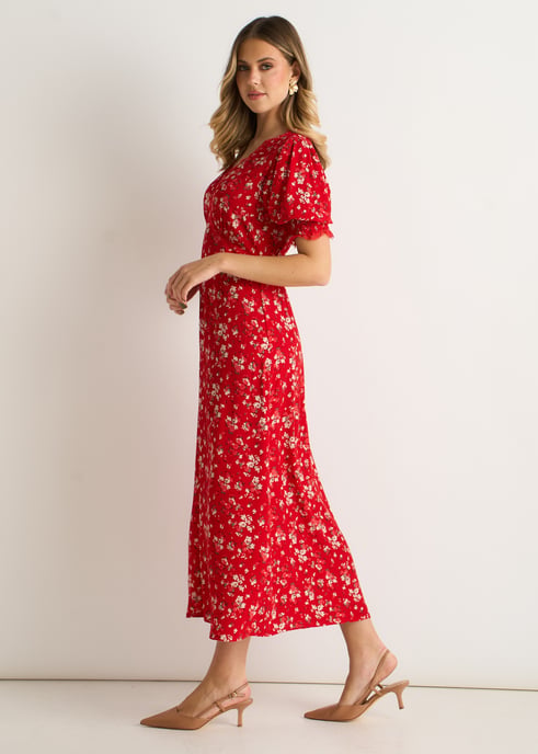 Vestido midi con ribete de encaje de viscosa rojo - Image 3