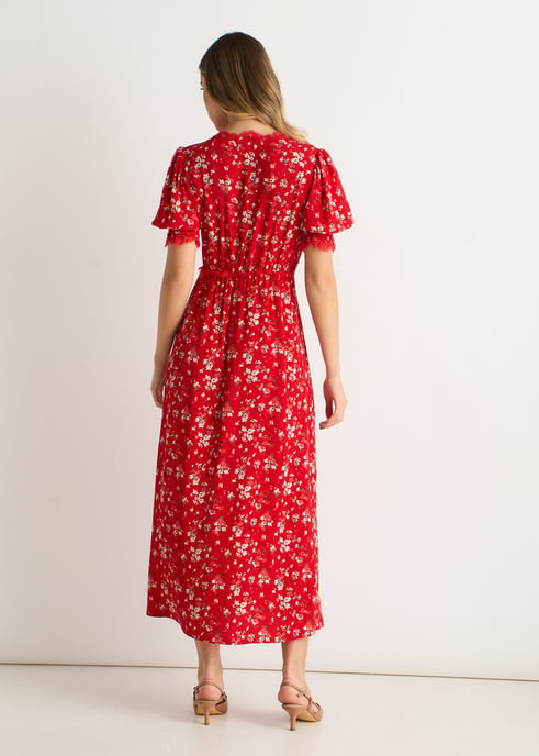 Vestido midi con ribete de encaje de viscosa rojo - Image 4